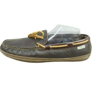 LL Bean Brown Leather Flannel Lined Handsewn Moccasin Boat Shoes Size 10 M